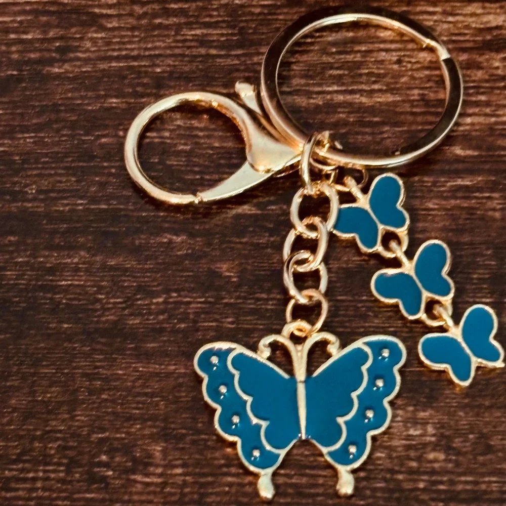 Blue Enamel Butterfly Keychain Gold Tone Lobster Clasp Bag Charm Accessory